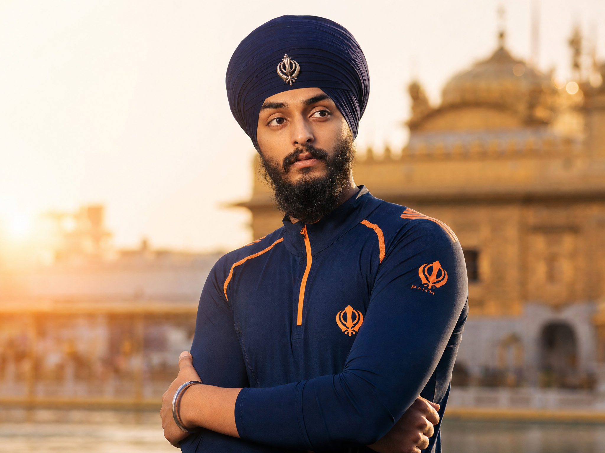 Confident athlete blending Sikh heritage with modern athleticism